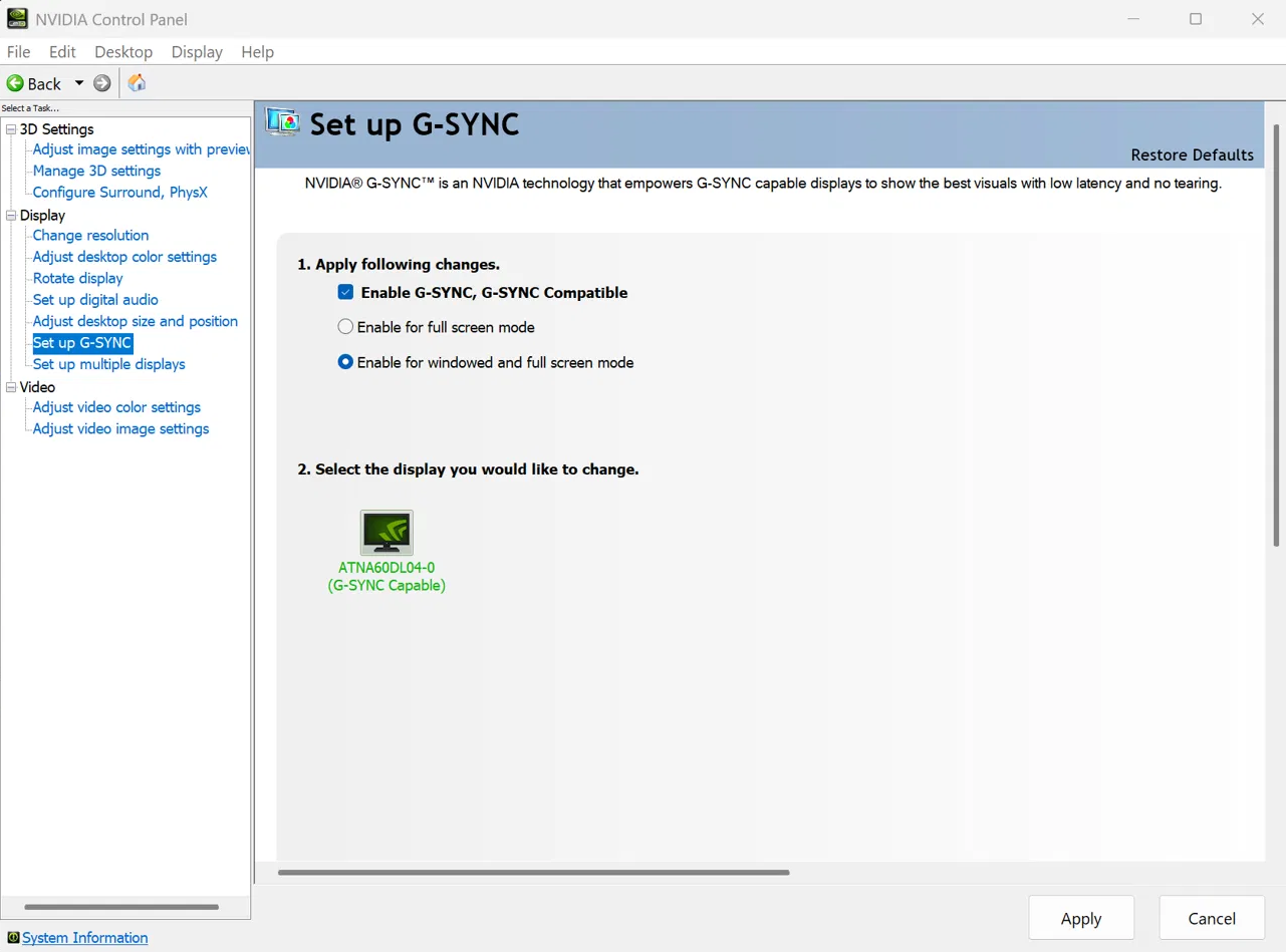 NVIDIA Control Panel Set up G-SYNC page after switching Armoury Crate to Ultimate