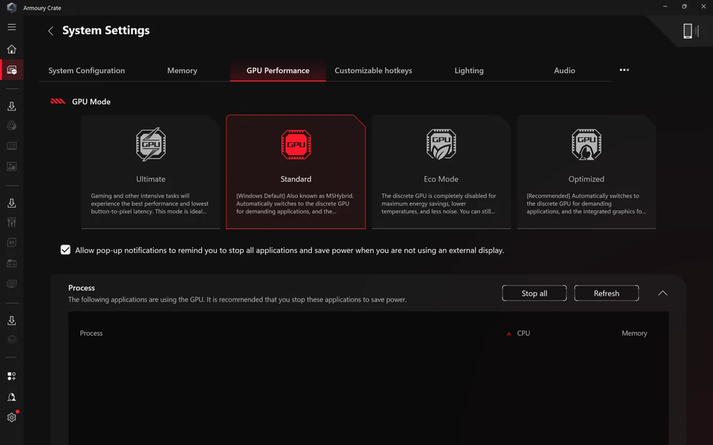 armoury crate gpu mode GPU Performance tab with Ultimate, Standard, Eco and Optimized