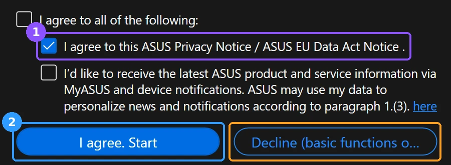 install myasus without microsoft store first launch privacy notice and I agree Start