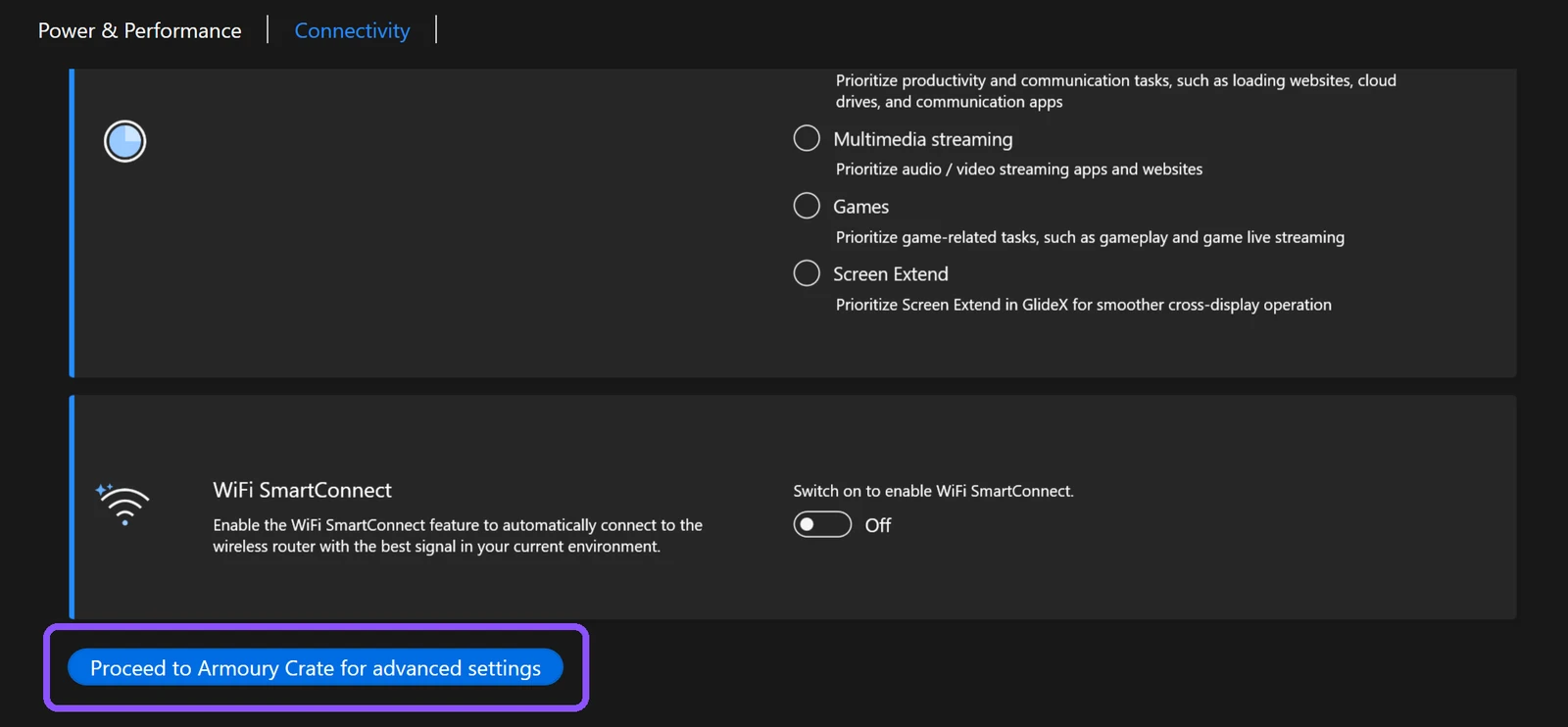 MyASUS Device Settings ends with Proceed to Armoury Crate for advanced settings