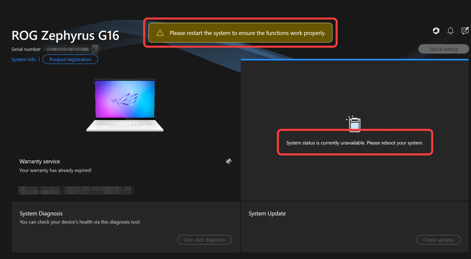 myasus not working: System status is currently unavailable. Please reboot your system