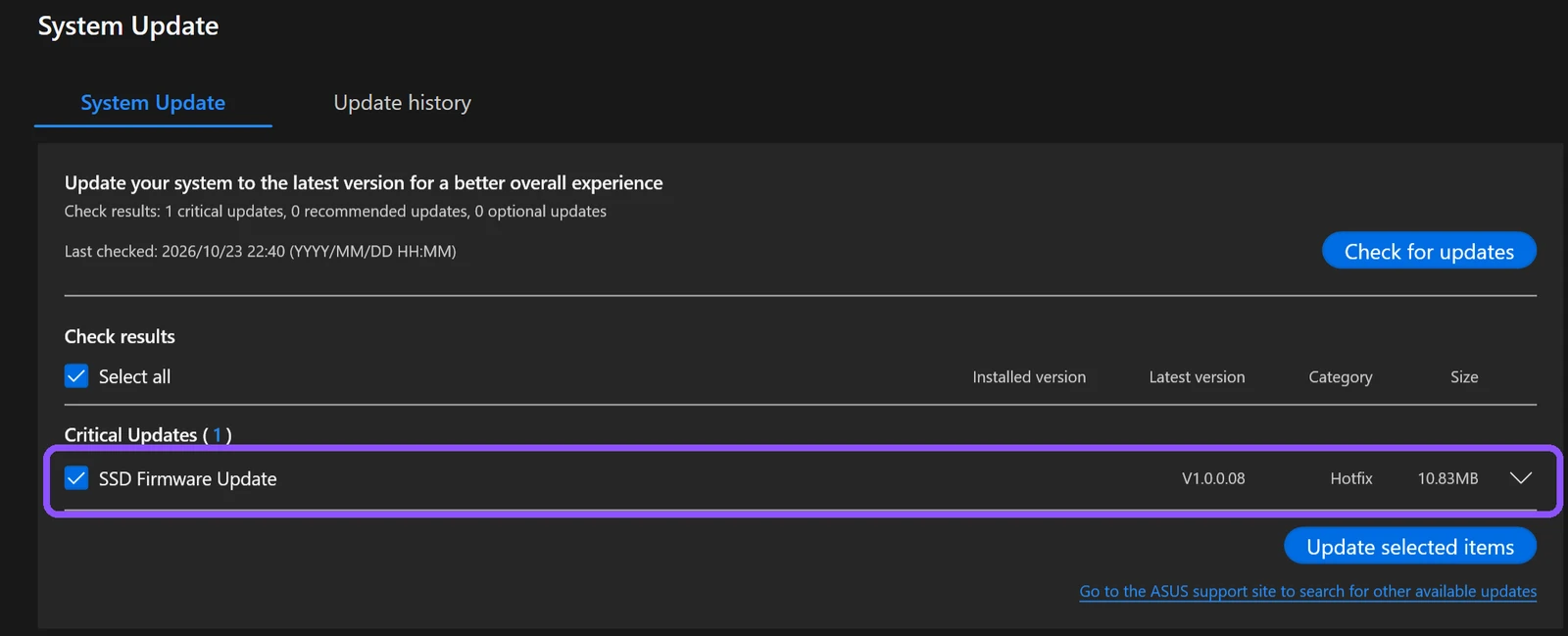 MyASUS System Update offering an SSD Firmware Update on a Zephyrus G16