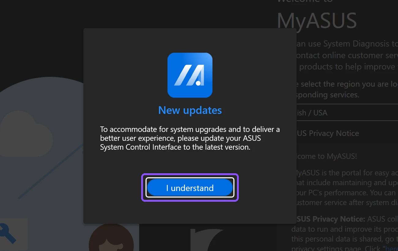 MyASUS New updates prompt to update ASUS System Control Interface