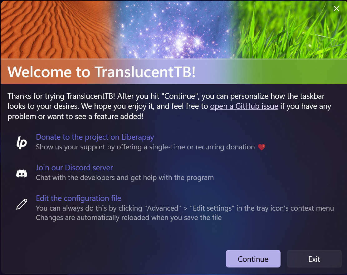 TranslucentTB welcome window that only opened after restarting Explorer