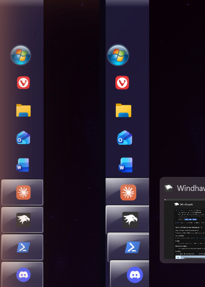 Windhawk Vertical Taskbar with Taskbar Dock Animation, normal versus hover