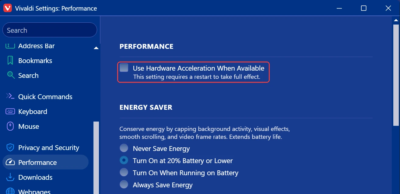 Vivaldi Use Hardware Acceleration When Available setting unchecked