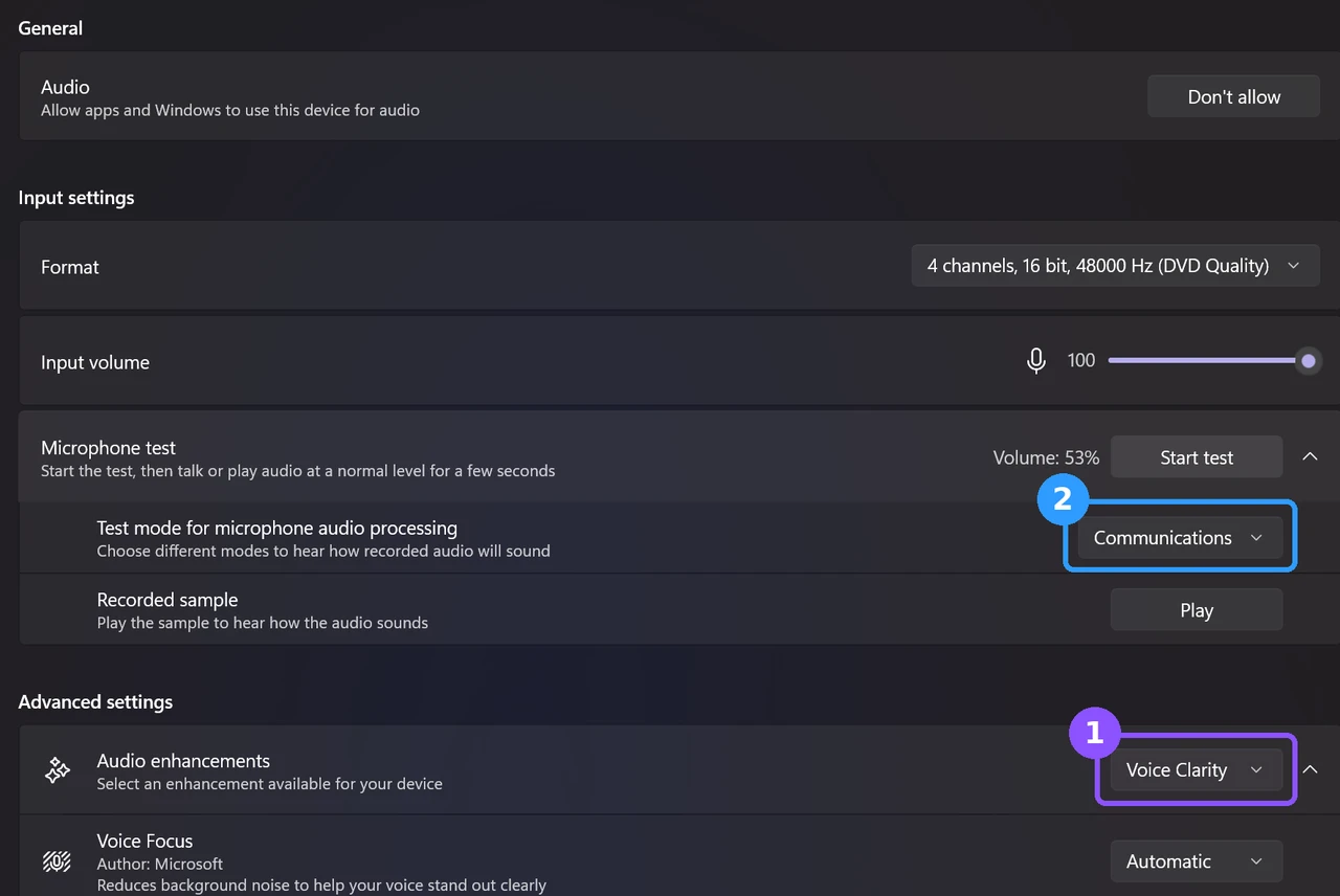 Voice Clarity turned on with the microphone test set to Communications mode