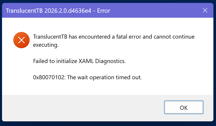 windhawk vs translucenttb TranslucentTB fatal error Failed to initialize XAML Diagnostics