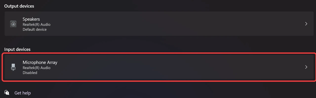 Windows All sound devices showing the laptop Microphone Array as Disabled