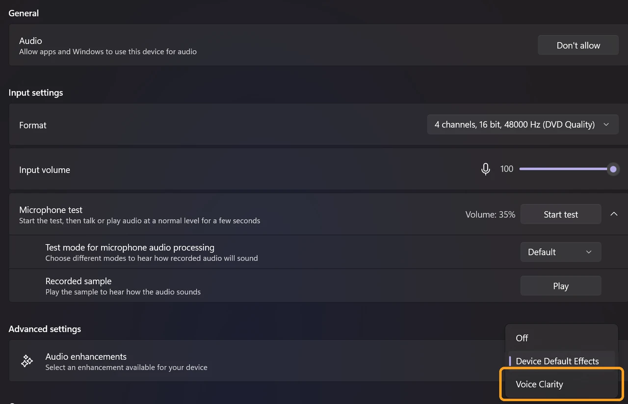 Windows Audio enhancements dropdown with the Voice Clarity option